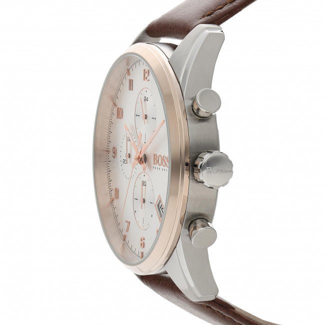 Hugo Boss Skymaster White Dial Brown Leather Strap Watch for Men - 1513786