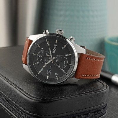Hugo Boss Skytraveller Chronograph Black Dial Blue Leather Strap Watch for Men - 1514161