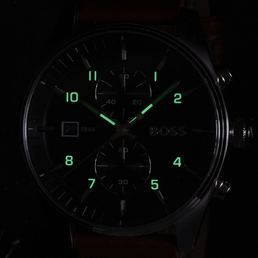 Hugo Boss Skytraveller Chronograph Black Dial Blue Leather Strap Watch for Men - 1514161
