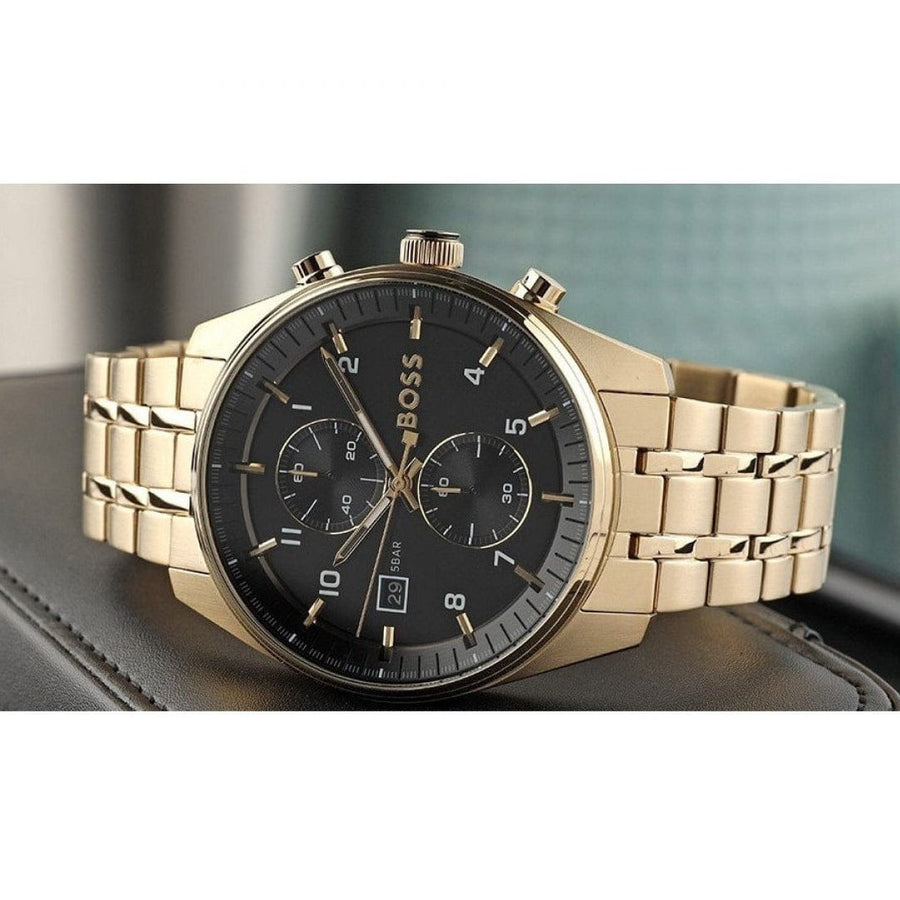 Hugo Boss Skytraveller Chronograph Black Dial Gold Steel Strap Watch for Men - 1514152