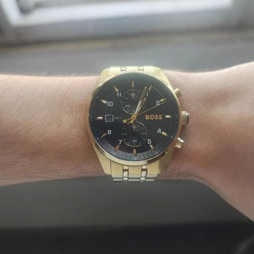 Hugo Boss Skytraveller Chronograph Black Dial Gold Steel Strap Watch for Men - 1514152