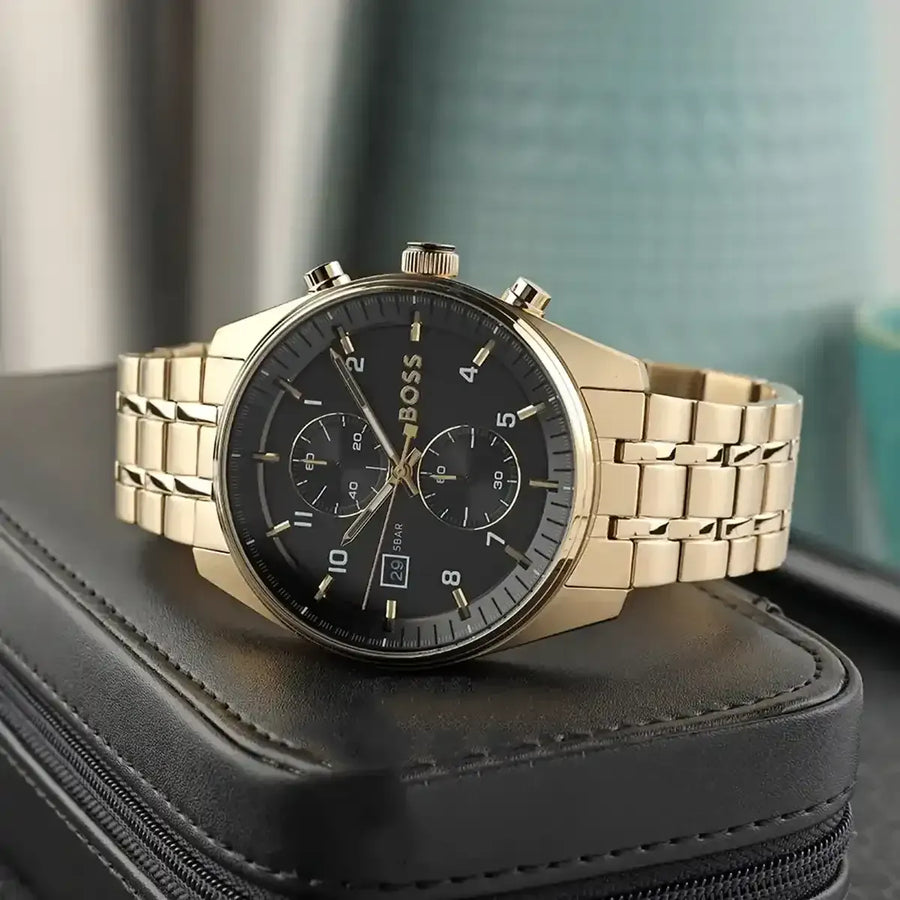 Hugo Boss Skytraveller Chronograph Black Dial Gold Steel Strap Watch for Men - 1514152