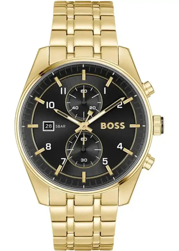 Hugo Boss Skytraveller Chronograph Black Dial Gold Steel Strap Watch for Men - 1514152