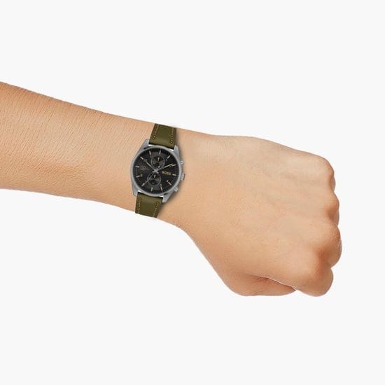 Hugo Boss Skytraveller Chronograph Black Dial Green Leather Strap Watch for Men - 1514148