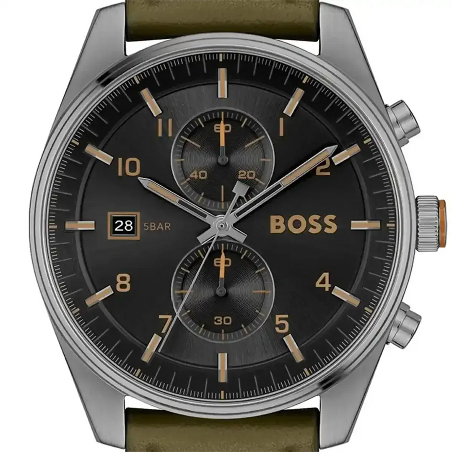 Hugo Boss Skytraveller Chronograph Black Dial Green Leather Strap Watch for Men - 1514148