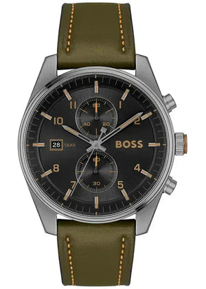 Hugo Boss Skytraveller Chronograph Black Dial Green Leather Strap Watch for Men - 1514148