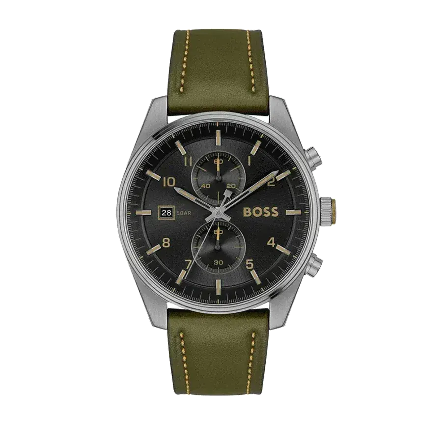 Hugo Boss Skytraveller Chronograph Black Dial Green Leather Strap Watch for Men - 1514148