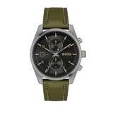 Hugo Boss Skytraveller Chronograph Black Dial Green Leather Strap Watch for Men - 1514148