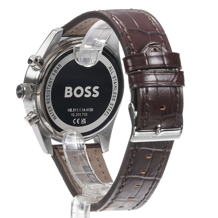 Hugo Boss Skytraveller Chronograph Blue Dial Brown Leather Strap Watch for Men - 1514194