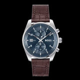 Hugo Boss Skytraveller Chronograph Blue Dial Brown Leather Strap Watch for Men - 1514194