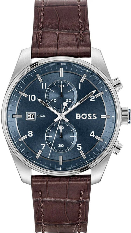 Hugo Boss Skytraveller Chronograph Blue Dial Brown Leather Strap Watch for Men - 1514194
