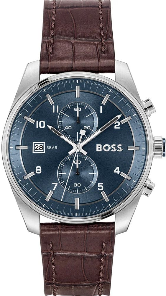 Hugo Boss Skytraveller Chronograph Blue Dial Brown Leather Strap Watch for Men - 1514194