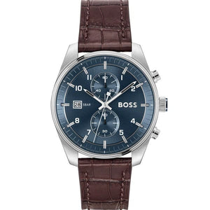 Hugo Boss Skytraveller Chronograph Blue Dial Brown Leather Strap Watch for Men - 1514194