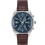 Hugo Boss Skytraveller Chronograph Blue Dial Brown Leather Strap Watch for Men - 1514194