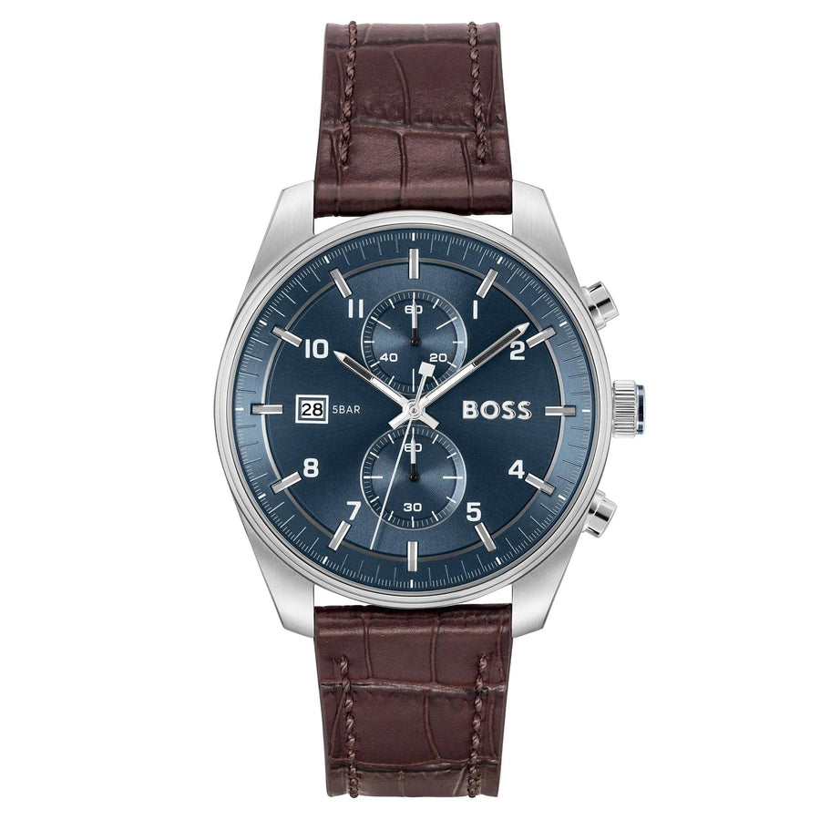 Hugo Boss Skytraveller Chronograph Blue Dial Brown Leather Strap Watch for Men - 1514194