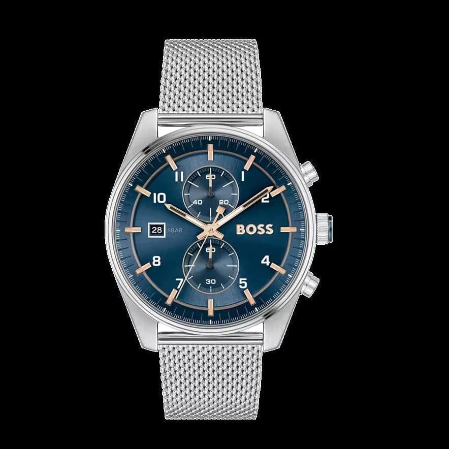 Hugo Boss Skytraveller Chronograph Blue Dial Silver Mesh Strap Watch for Men - 1514149