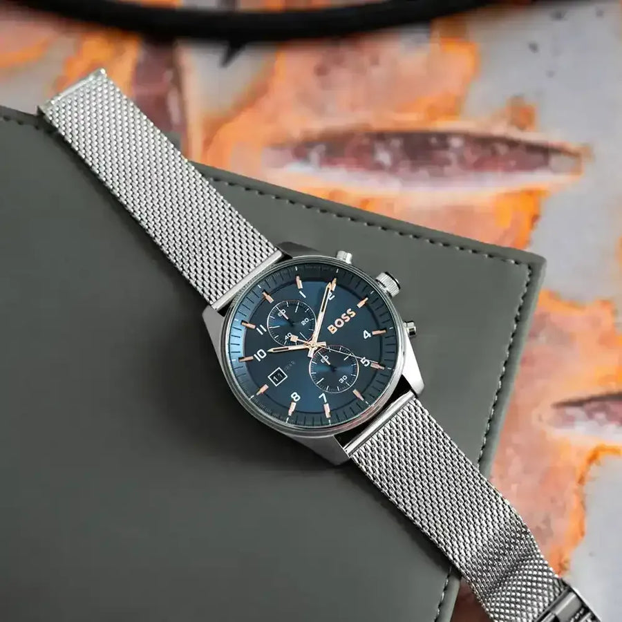 Hugo Boss Skytraveller Chronograph Blue Dial Silver Mesh Strap Watch for Men - 1514149