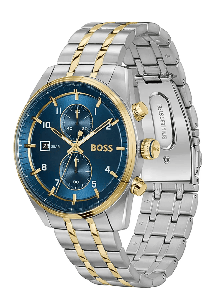 Hugo Boss Skytraveller Chronograph Blue Dial Two Tone Steel Strap Watch for Men - 1514247