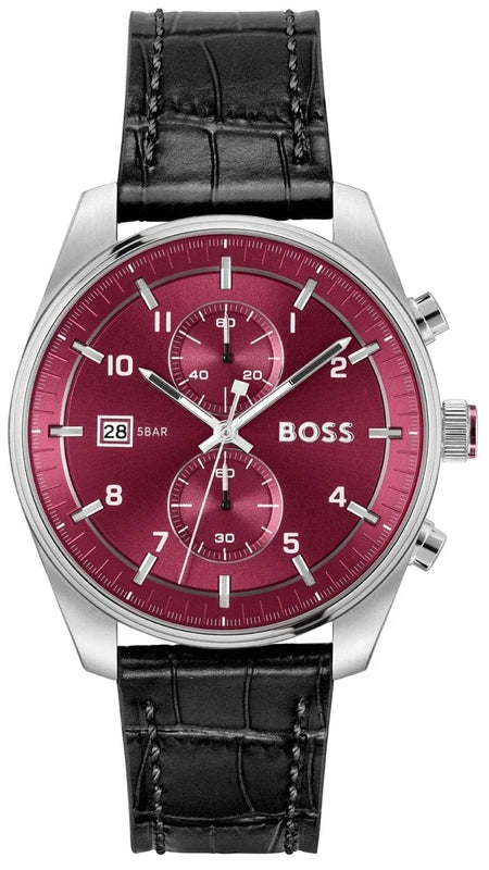 Hugo Boss Skytraveller Chronograph Burgundy Red Dial Black Leather Strap Watch for Men - 1514193