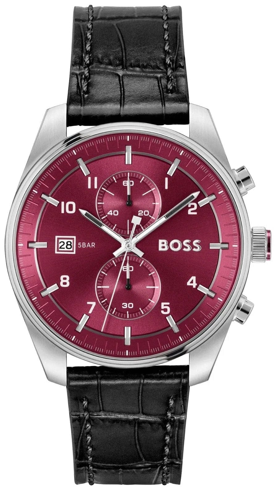 Hugo Boss Skytraveller Chronograph Burgundy Red Dial Black Leather Strap Watch for Men - 1514193