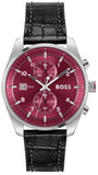 Hugo Boss Skytraveller Chronograph Burgundy Red Dial Black Leather Strap Watch for Men - 1514193
