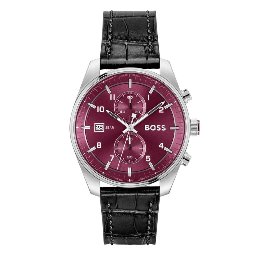 Hugo Boss Skytraveller Chronograph Burgundy Red Dial Black Leather Strap Watch for Men - 1514193