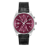 Hugo Boss Skytraveller Chronograph Burgundy Red Dial Black Leather Strap Watch for Men - 1514193