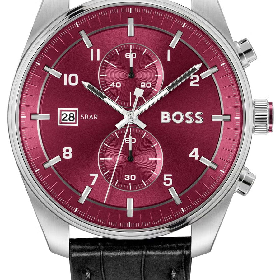 Hugo Boss Skytraveller Chronograph Burgundy Red Dial Black Leather Strap Watch for Men - 1514193