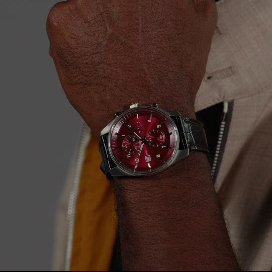 Hugo Boss Skytraveller Chronograph Burgundy Red Dial Black Leather Strap Watch for Men - 1514193
