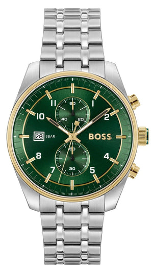 Hugo Boss Skytraveller Chronograph Green Dial Silver Steel Strap Watch for Men - 1514195