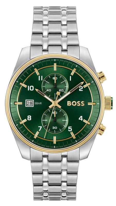 Hugo Boss Skytraveller Chronograph Green Dial Silver Steel Strap Watch for Men - 1514195