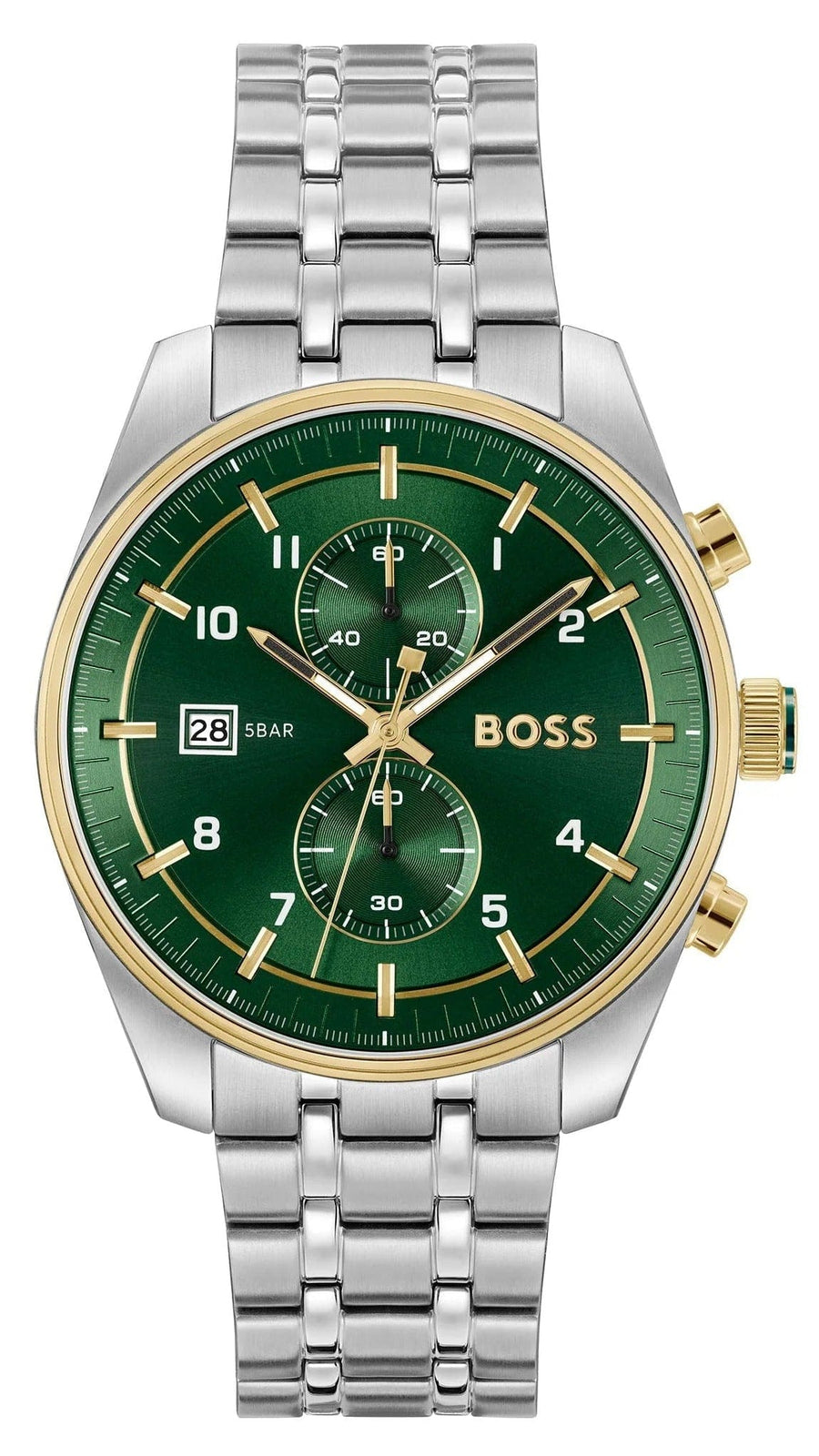 Hugo Boss Skytraveller Chronograph Green Dial Silver Steel Strap Watch for Men - 1514195