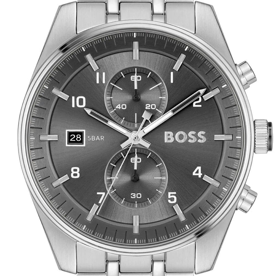 Hugo Boss Skytraveller Chronograph Grey Dial Silver Steel Strap Watch for Men - 1514151