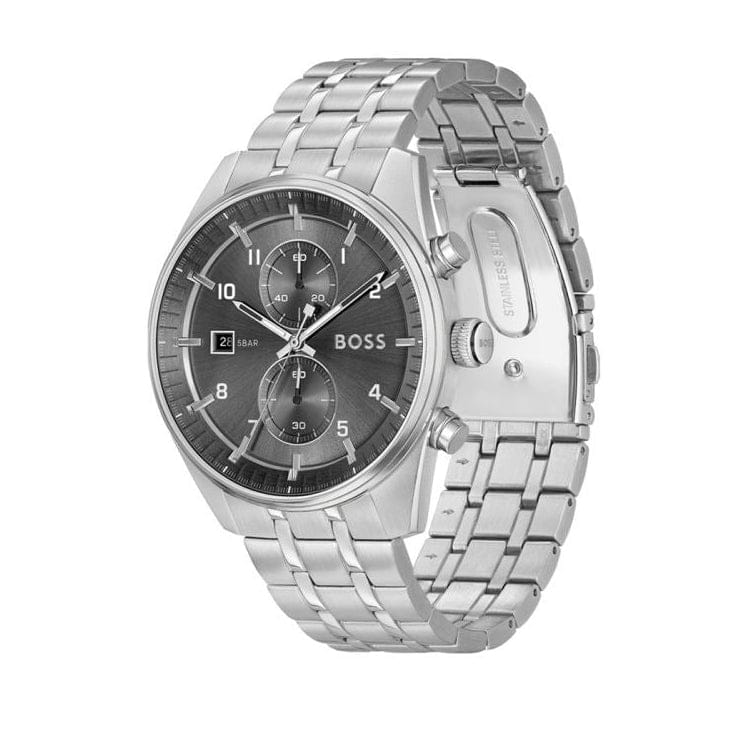 Hugo Boss Skytraveller Chronograph Grey Dial Silver Steel Strap Watch for Men - 1514151