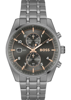 Hugo Boss Skytraveller Chronograph Gunmetal Grey Dial Grey Steel Strap Watch for Men - 1514153