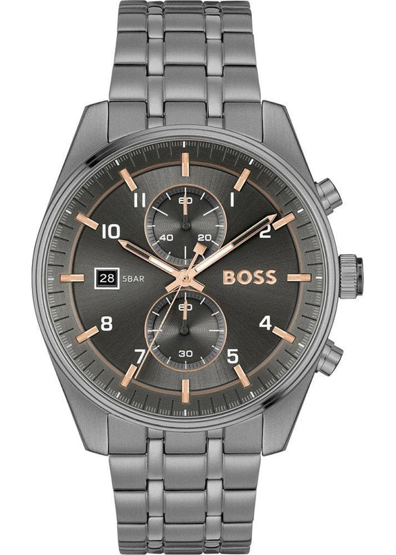 Hugo Boss Skytraveller Chronograph Gunmetal Grey Dial Grey Steel Strap Watch for Men - 1514153