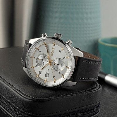 Hugo Boss Skytraveller Chronograph Silver Dial Black Leather Strap Watch for Men - 1514147