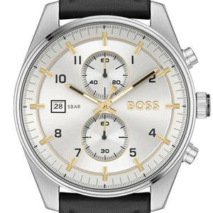 Hugo Boss Skytraveller Chronograph Silver Dial Black Leather Strap Watch for Men - 1514147