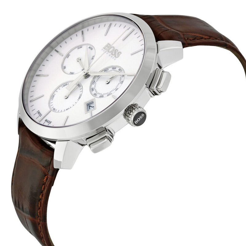 Hugo Boss Slim Chronograph White Dial Brown Leather Strap Watch For Men - 1513263