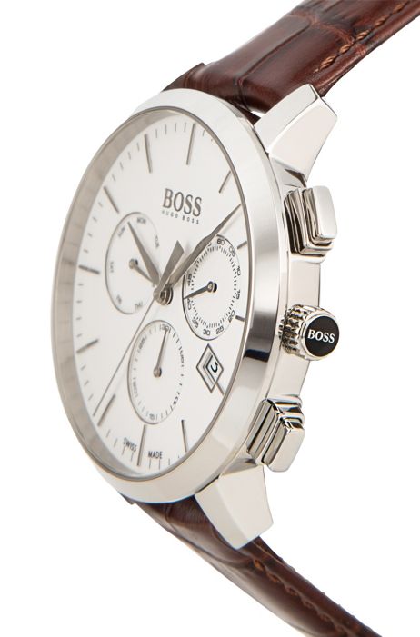 Hugo Boss Slim Chronograph White Dial Brown Leather Strap Watch For Men - 1513263