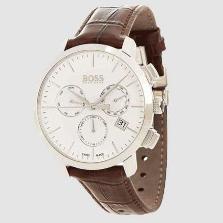 Hugo Boss Slim Chronograph White Dial Brown Leather Strap Watch For Men - 1513263