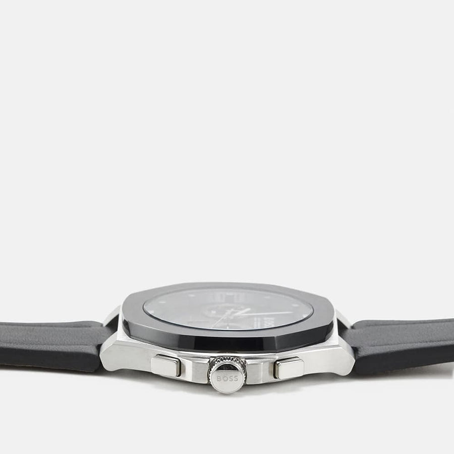 Hugo Boss Taper Chronograph Black Dial Black Leather Strap Watch for Men - 1514085