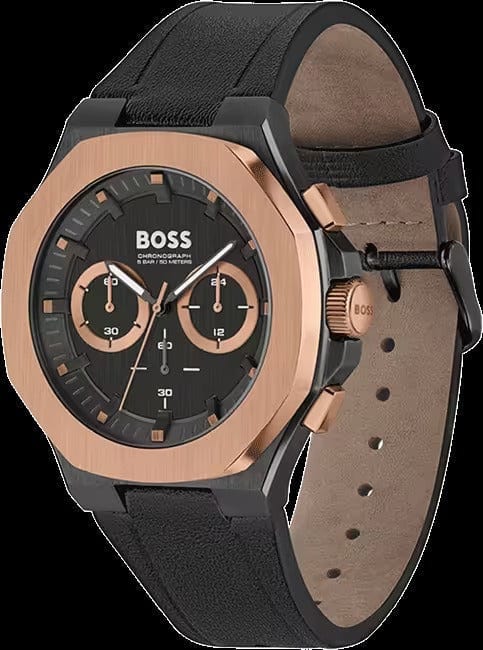 Hugo Boss Taper Chronograph Black Dial Black Leather Strap Watch for Men - 1514089