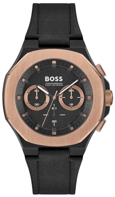 Hugo Boss Taper Chronograph Black Dial Black Leather Strap Watch for Men - 1514089