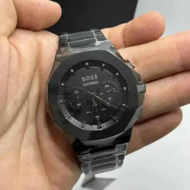 Hugo Boss Taper Chronograph Black Dial Black Steel Strap Watch for Men - 1514088