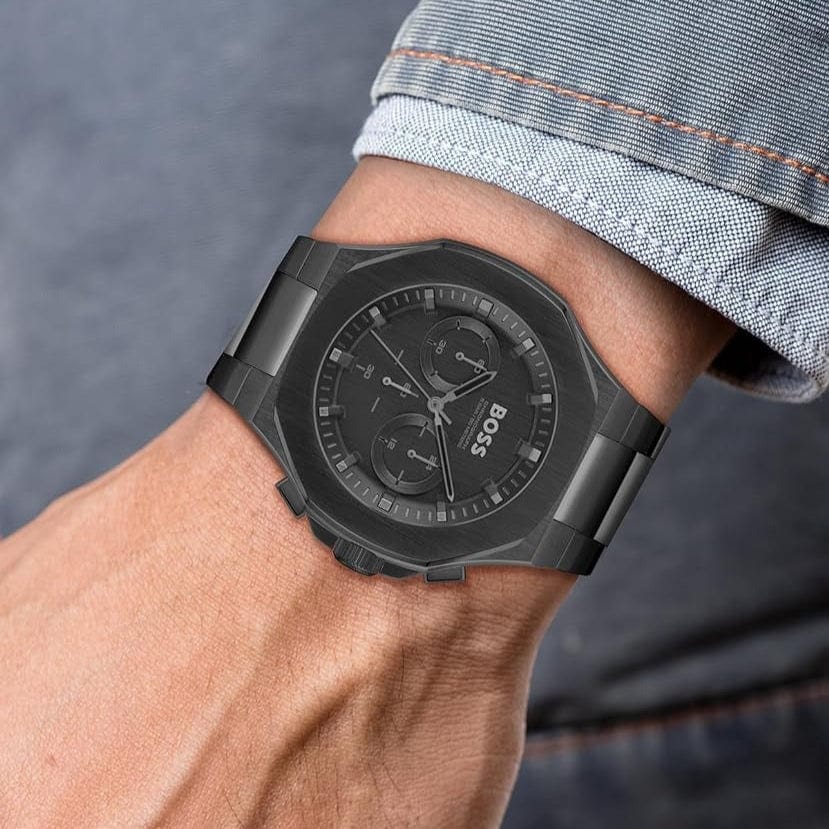 Hugo Boss Taper Chronograph Black Dial Black Steel Strap Watch for Men - 1514088