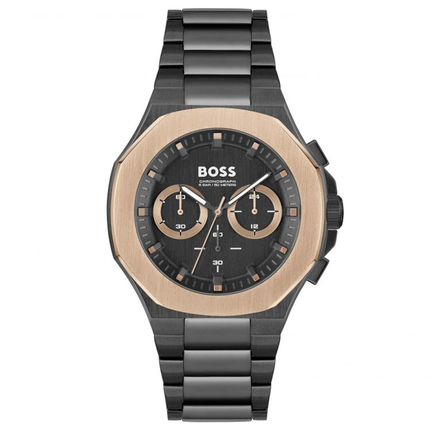 Hugo Boss Taper Chronograph Black Dial Black Steel Strap Watch for Men - 1514090