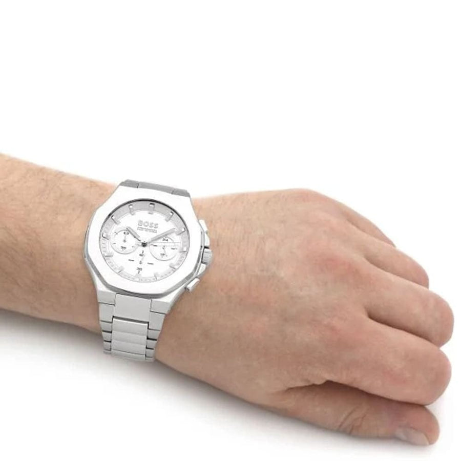 Hugo Boss Taper Chronograph White Dial Silver Steel Strap Watch for Men - 1514087