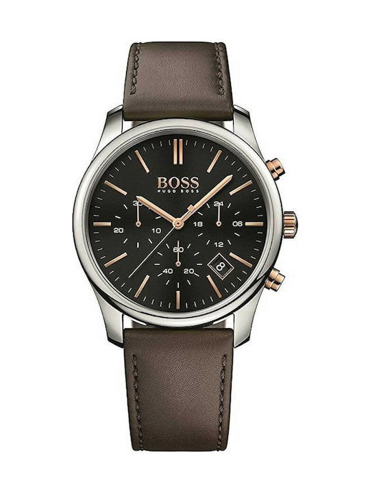 Hugo Boss Time One Black Dial Brown Leather Strap Watch for Men - 1513448