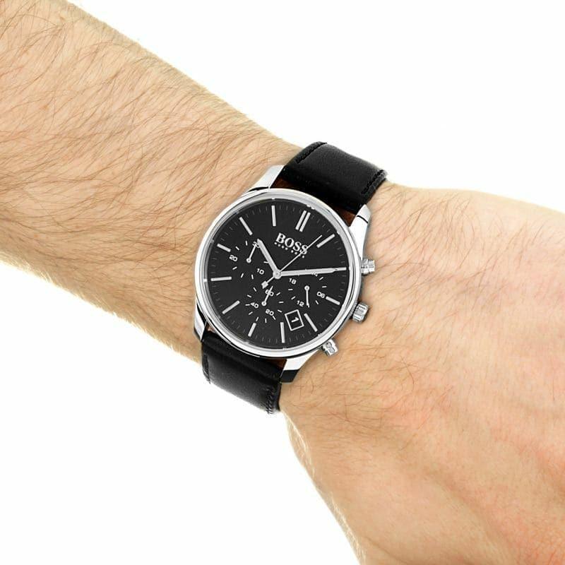 Hugo Boss Time One Chronograph Black Dial Black Leather Strap Watch for Men - 1513430